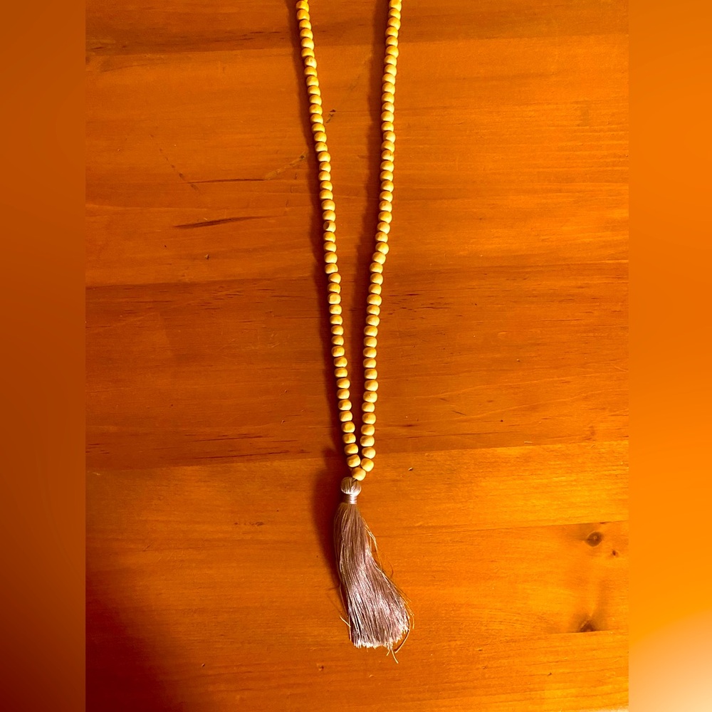 Elegant Tan Beaded Necklace with Tassel